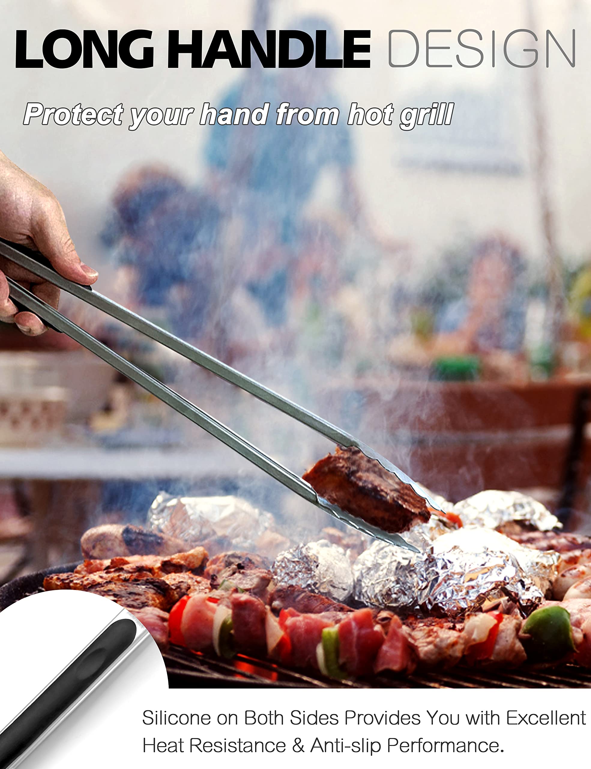 Anaeat Extra Long Stainless Steel Grilling Locking Tong, 17" Sturdy Coiled Spring Kitchen Food Tong with Non-Slip Silicone Grip for BBQ, Baking, Cooking - Heat Resistant up to 480°F (Black) 3