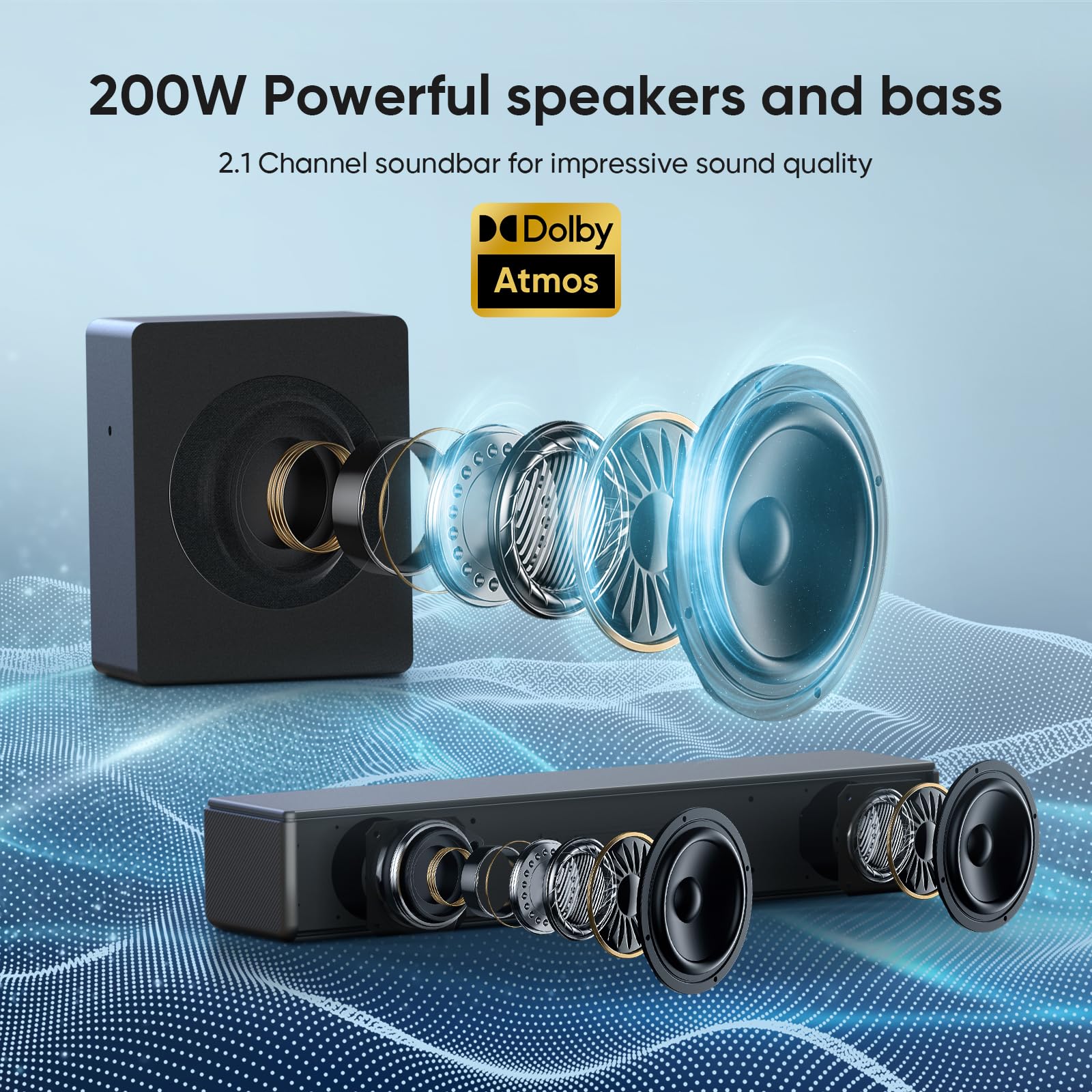 GEOYEAO Sound bar with subwoofer, 200W 2.1 ch soundbar w/Dolby Atmos Surround Sound System, 3D Bass Adjustable Home Theater Bluetooth TV Speaker for Smart TV/Projector/PC 3