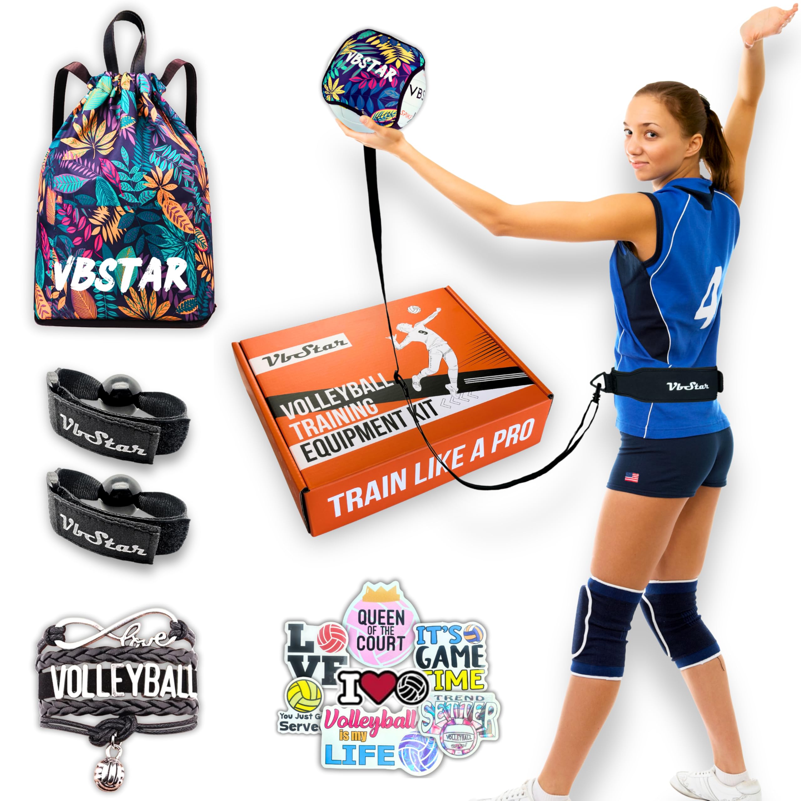VbStar Volleyball Training Equipment Aid - Practice Your Serving, Setting & Spiking with Ease, Great Solo Serve & Spike Trainer for Beginners & Pro, Perfect Volleyball Gift (Flower Leaf Print) 1