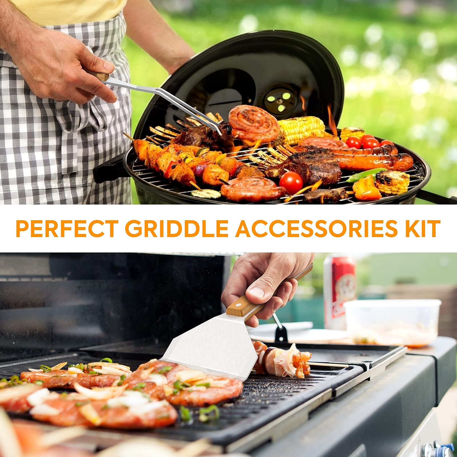 BBQ Grill Tools Set Gift for Dad, 16 Piece Set, Grill Accessories for Blackstone Camping,Included Spatulas, Scraper, Fork, Gloves, Carry Bag，and Hooks for Barbecue, Camping, Cooking 6