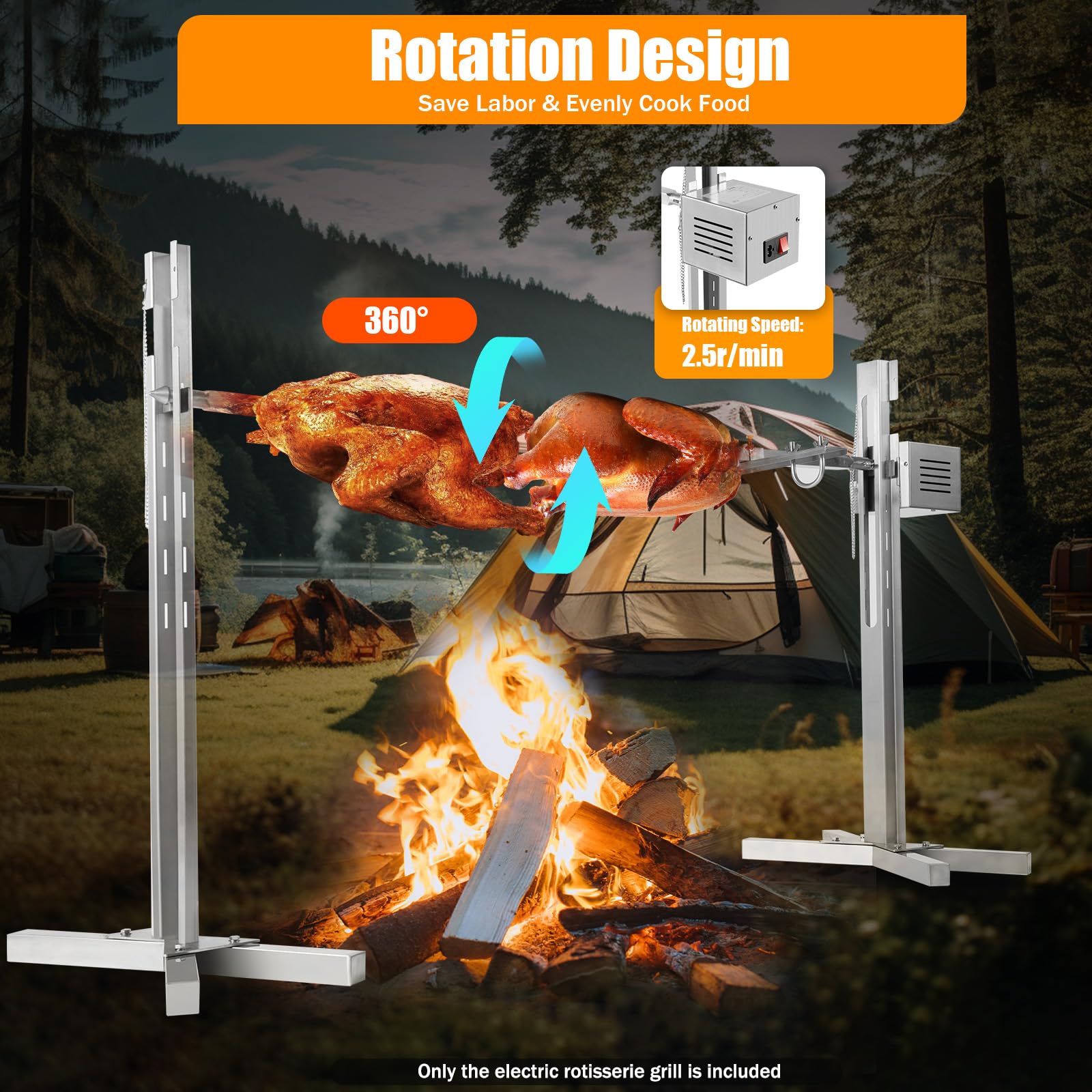 DNYSYSJ 53" Roaster Rotisserie Spit Pig Hog Lamb Roast BBQ Picnic Outdoor Cooker Grill 25W Stainless Motor 4