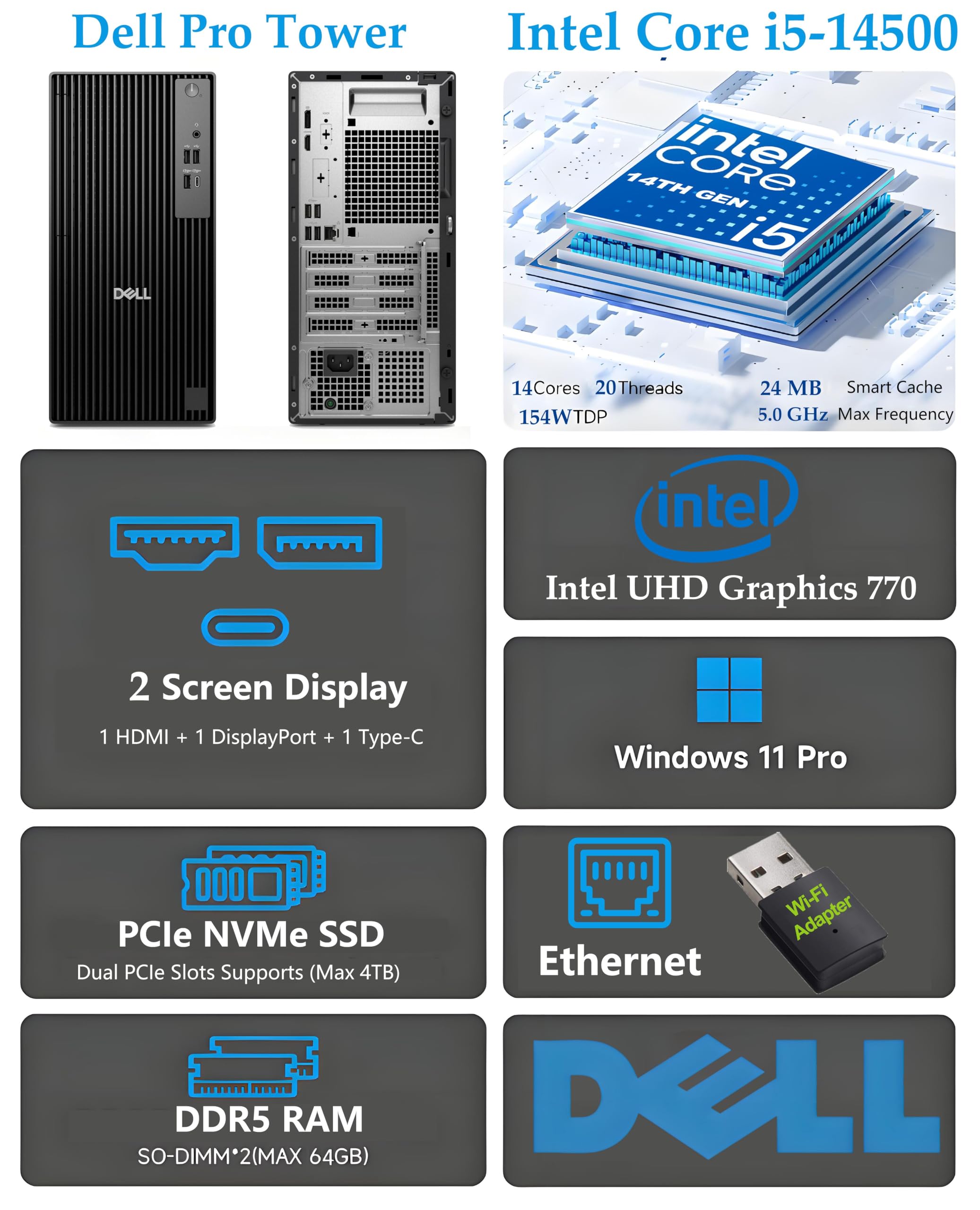 Dell Tower Desktop Computers (Next Gen OptiPlex), 14th Gen Intel 14-Core i5-14500 up to 5.0GHz, 16GB DDR5 RAM, 512GB PCIe SSD, Type-C, HDMI + 1 DisplayPort, Windows 11 Pro 3