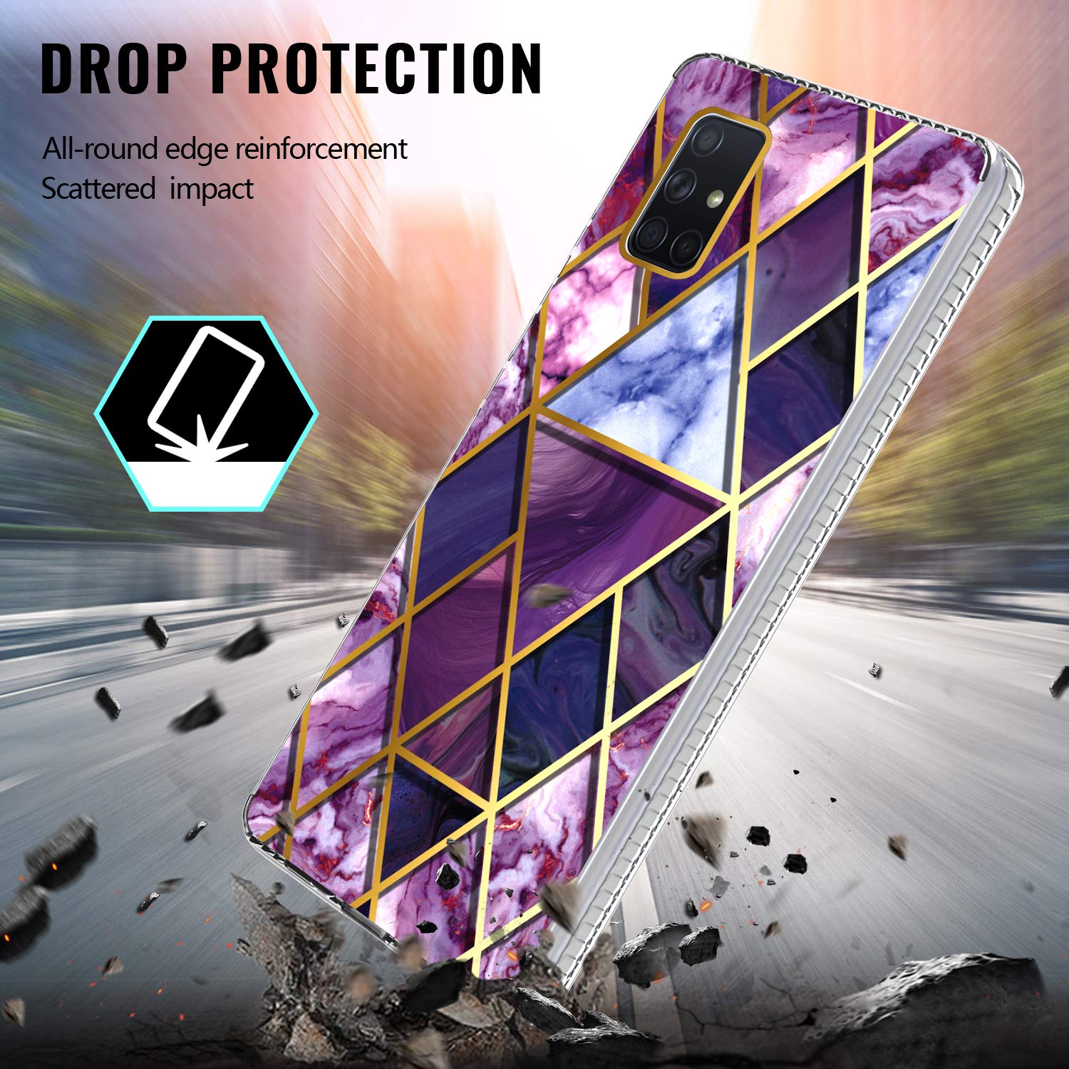 KWEICASE Cell Phone Case for Samsung Galaxy A71 5G (Not for UW & Not for 4G), Heavy Duty Hybrid Case with Geometric Diamond Purple Marble Design, Shockproof Bumper Protective Case Cover 4