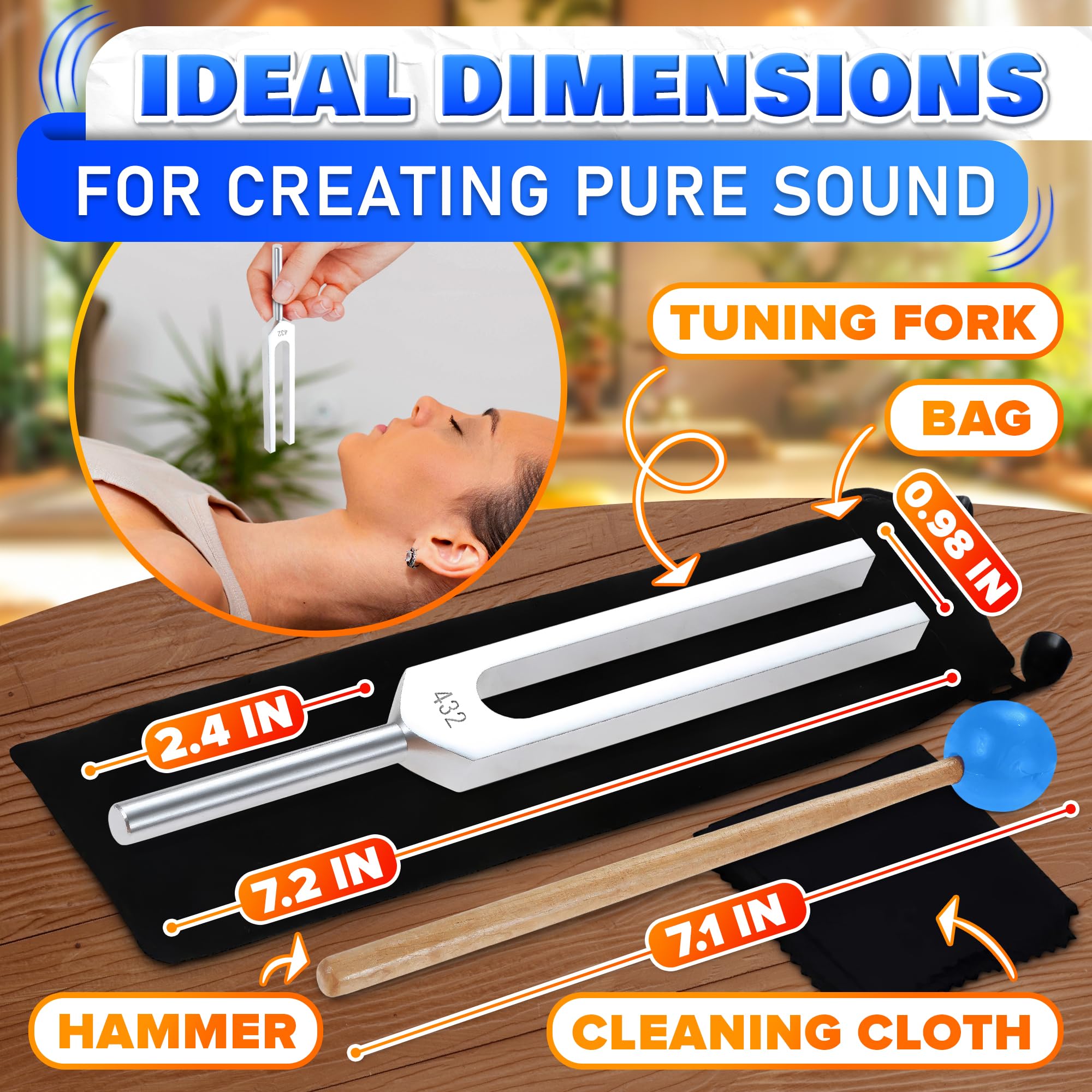 432 Hz Tuning Fork Set – 7.2'' Aluminum Alloy, Reflex Hammer, Cleaning Cloth & Bag, Precision Tuned & Durable – Suitable for Meditation, Deep Relaxation, Vibrational Work & Chakra Tuning Forks 3