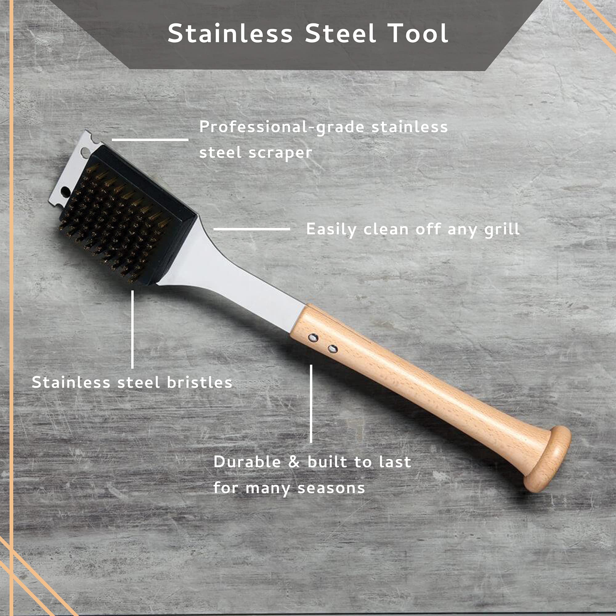 Baseball BBQ | 'Brushback' Grill Scraper Tool | BBQ Grilling Accessories & Utensils for Baseball Fans | Patented Wooden Bat Handle & Quality Stainless Steel for Dad | Add to Set 3