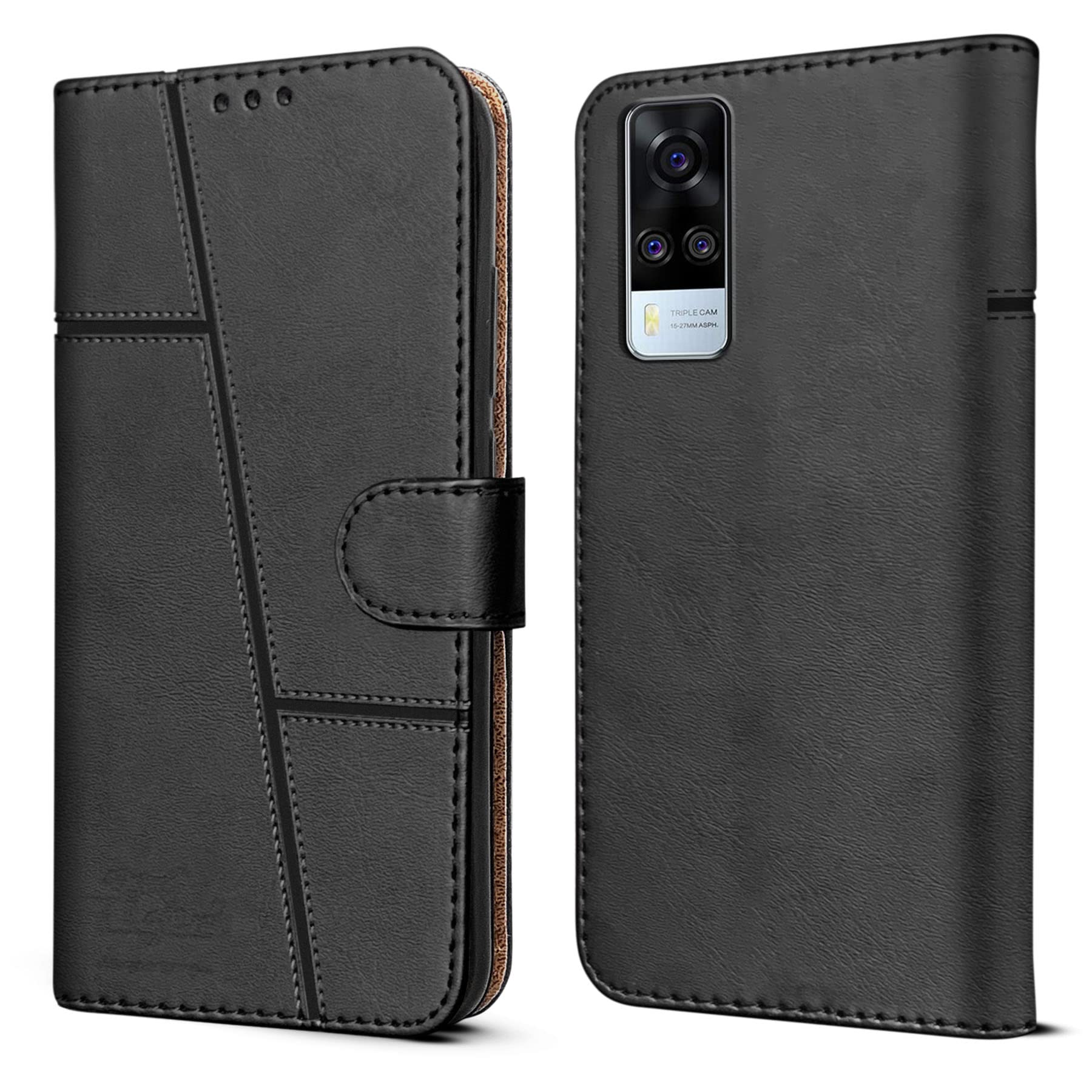 Jkobi Flip Cover Case for Vivo Y53s 4G (Stitched Leather Finish | Magnetic Closure | Inner TPU | Foldable Stand | Wallet Card Slots | Black) 1