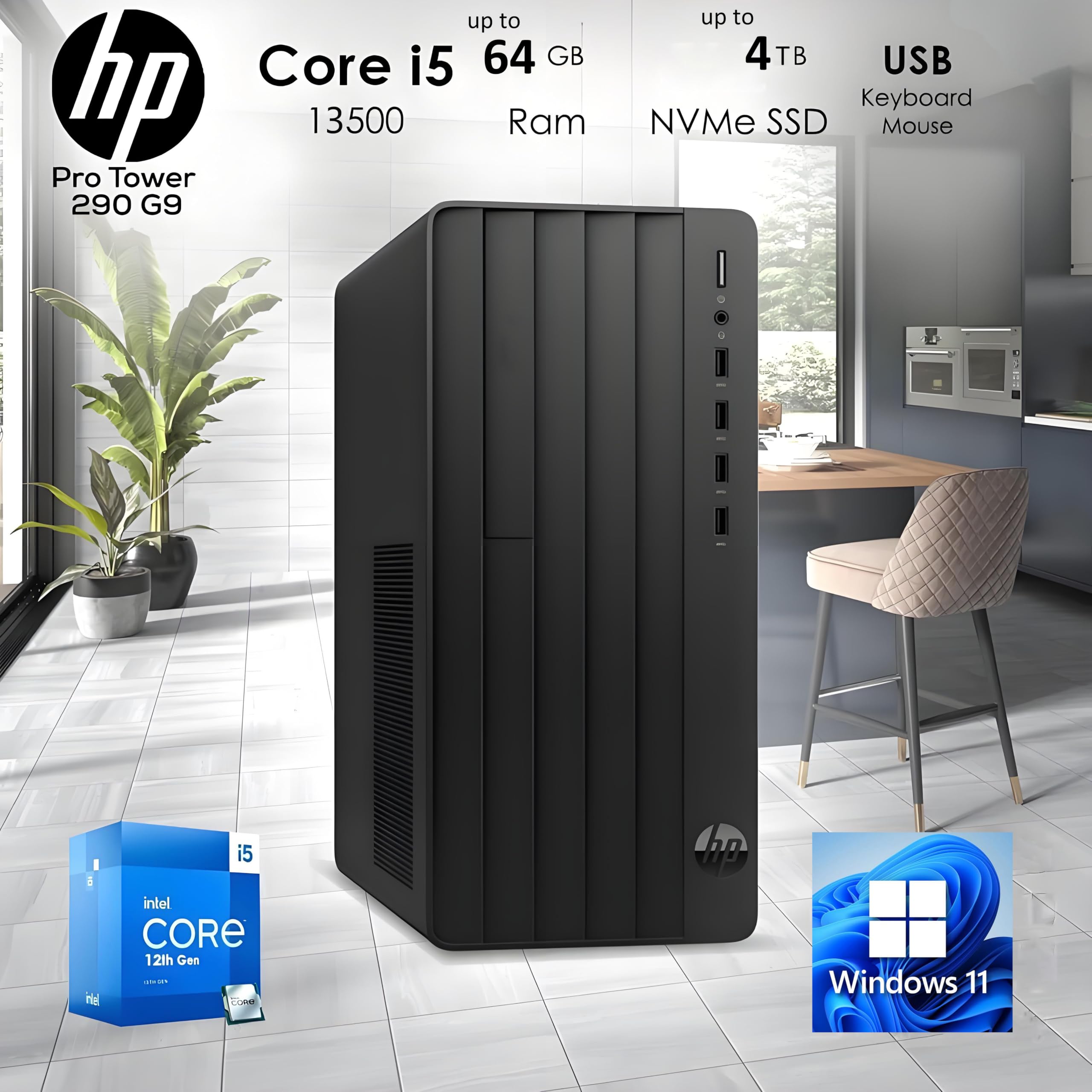 HP Desktop Computers Tower PC for Home and Business, Intel 14-Core i5-13500, 32GB DDR4 RAM, 1TB PCIe SSD, UHD Graphics 770, WiFi 6, Bluetooth 5.3, RJ-45, HDMI, VGA, Keyboard and Mouse, Windows 11 4