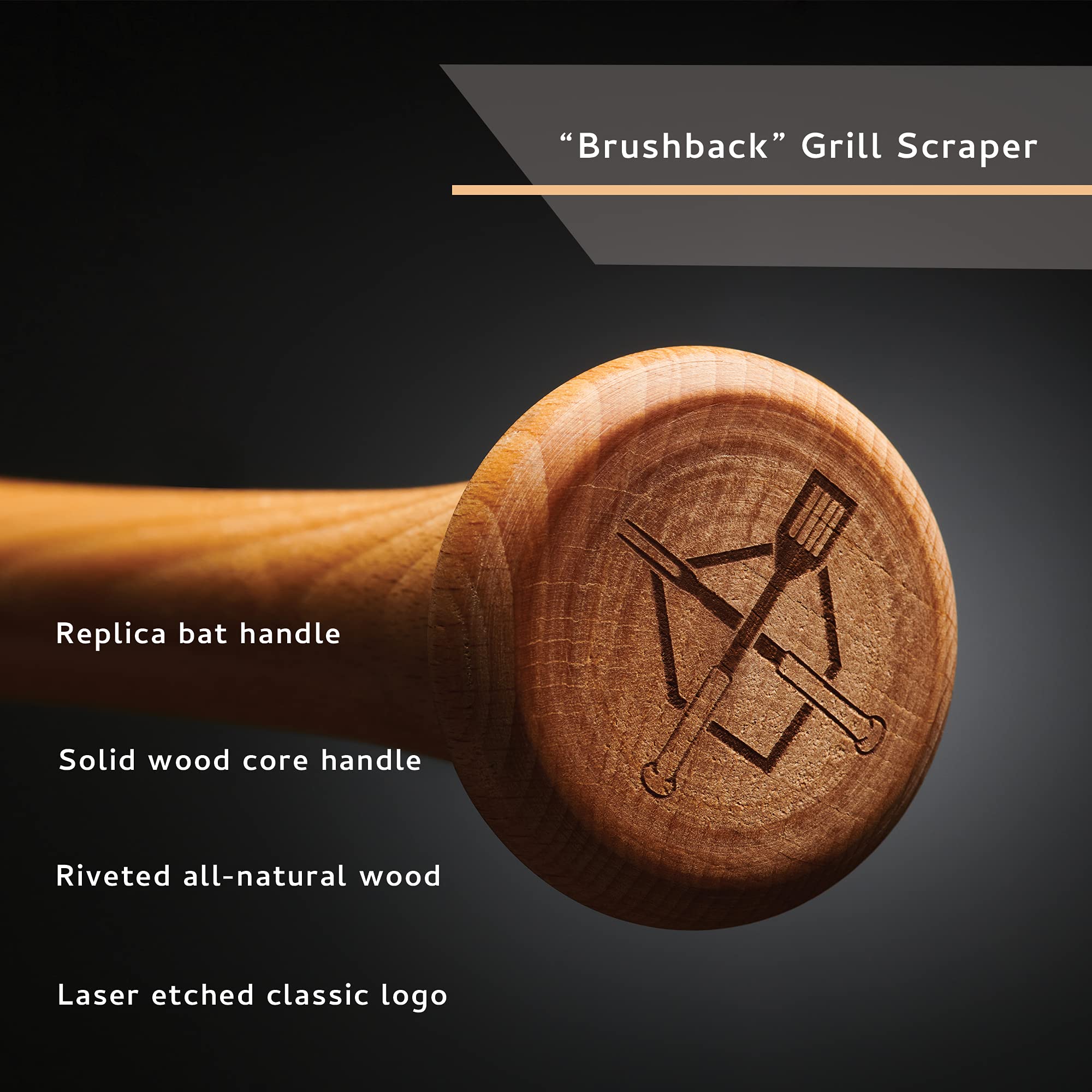 Baseball BBQ | 'Brushback' Grill Scraper Tool | BBQ Grilling Accessories & Utensils for Baseball Fans | Patented Wooden Bat Handle & Quality Stainless Steel for Dad | Add to Set 2
