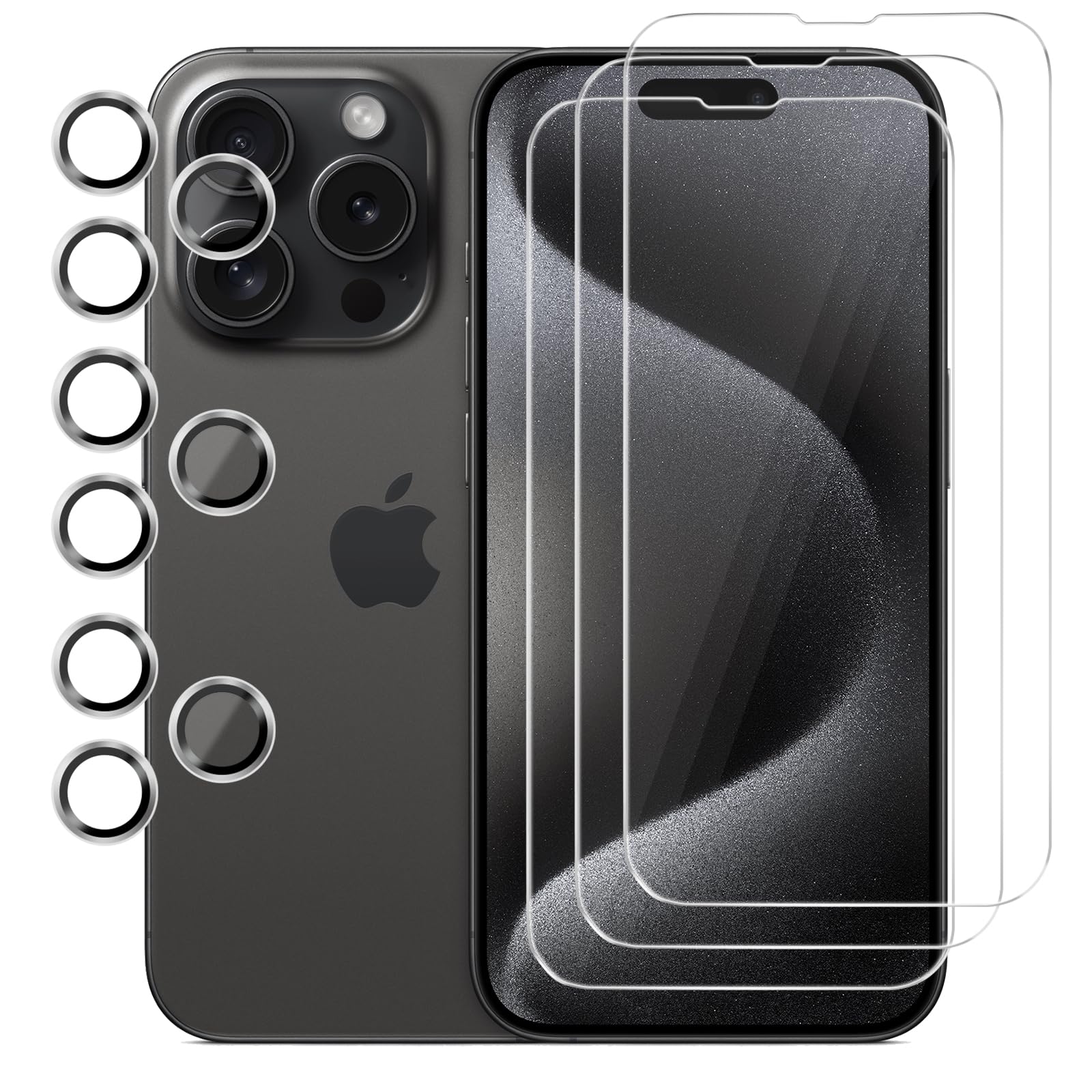 GLIMALL 3 Pack Screen Protector for iPhone 15 pro with 3 Pack Camera Lens Protector, HD Tempered Glass, 9H Hardness, Full Coverage, Scratch-Resistant, Waterproof, Bubble-Free 1