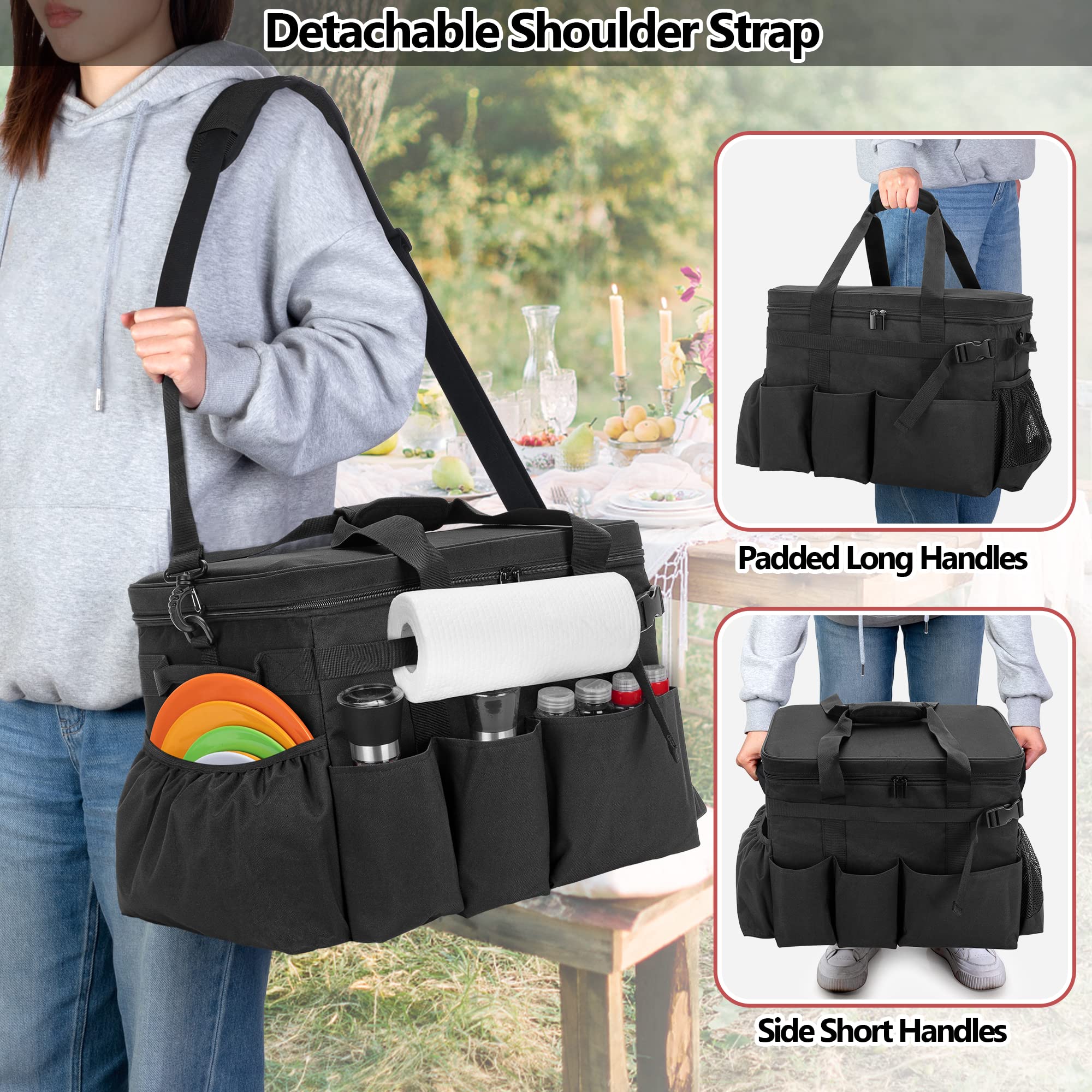 HODRANT Large Grill Caddy & Large BBQ Grilling Apron, BBQ and Picnic Bag Organizer with Lid & Paper Towel Holder & Cooking Apron for Men with Pockets & Slit Hem for BBQ Supplies Tool 6