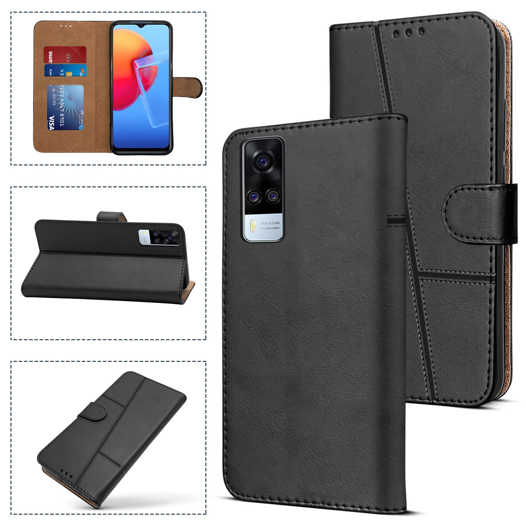 Jkobi Flip Cover Case for Vivo Y53s 4G (Stitched Leather Finish | Magnetic Closure | Inner TPU | Foldable Stand | Wallet Card Slots | Black) 3