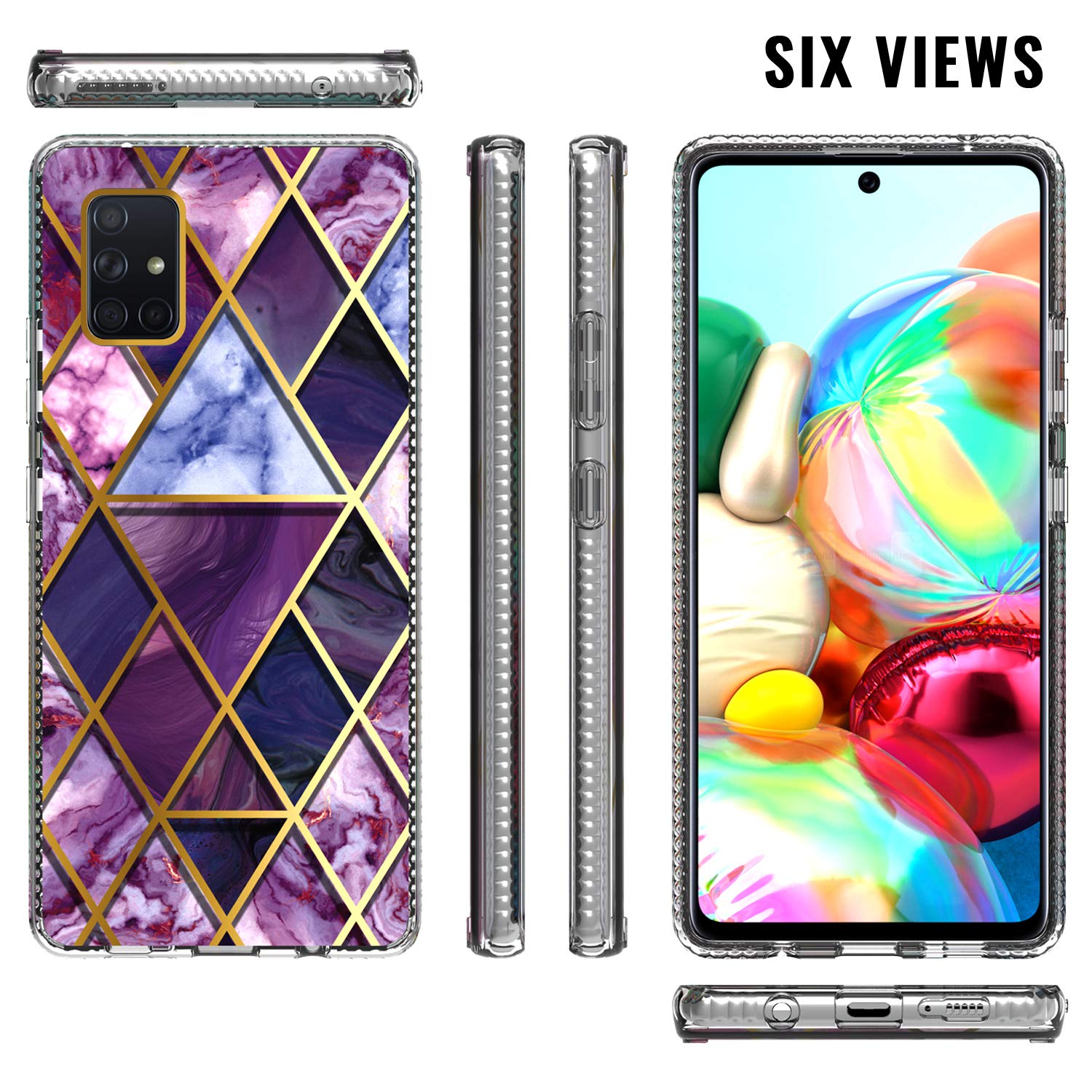 KWEICASE Cell Phone Case for Samsung Galaxy A71 5G (Not for UW & Not for 4G), Heavy Duty Hybrid Case with Geometric Diamond Purple Marble Design, Shockproof Bumper Protective Case Cover 2