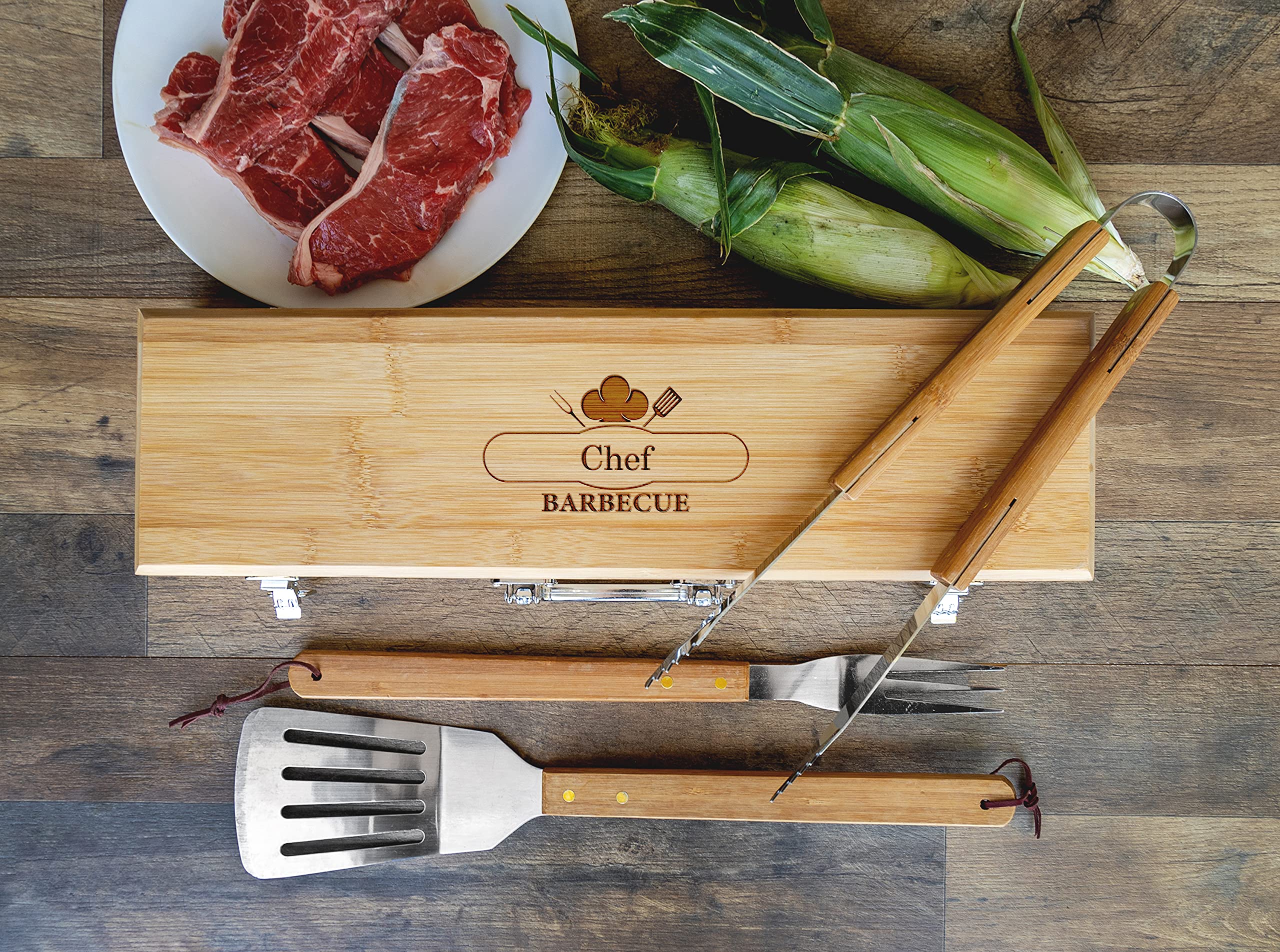 Personalized Grill Set for Men, BBQ Set with Custom Engraved Wooden Case Holder (Chef Design) | Customized Birthday for Him, Dad, Boyfriend, Husband | Groomsmen Gift 2