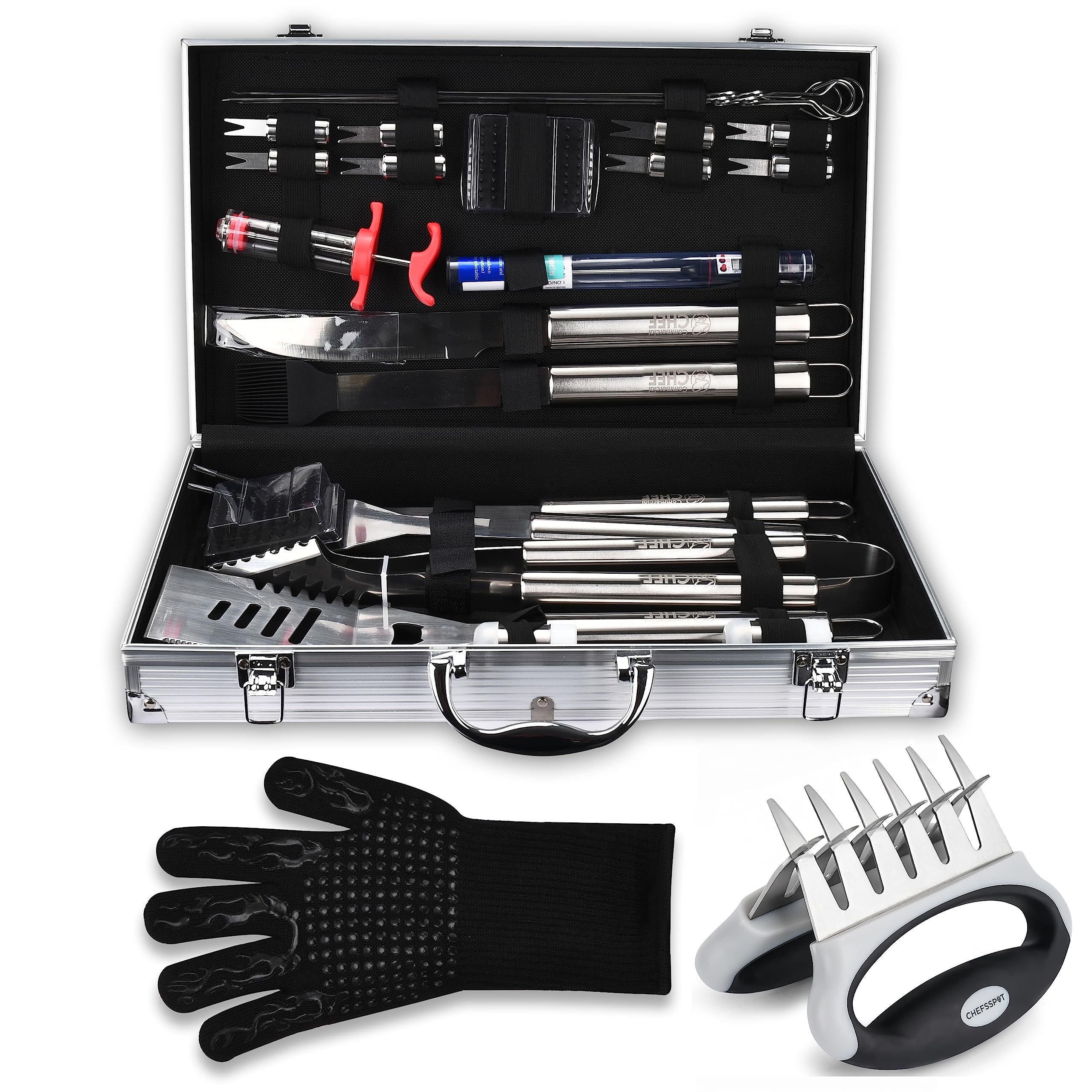 Commercial Chef 25 Piece Barbeque Grill Accessories + CHEFSSPOT Meat Shredder Claws with Ultra-Sharp Blades 1