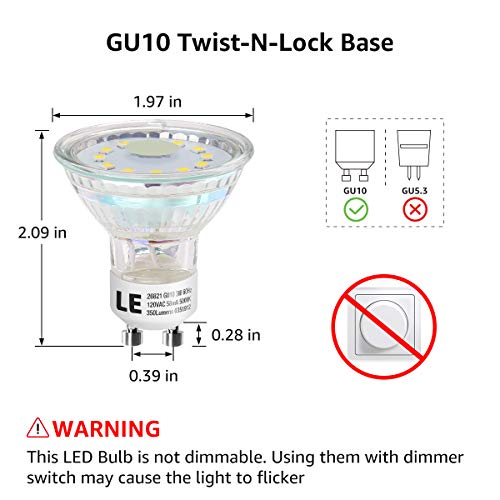 LE GU10 LED Light Bulbs, 50W Halogen Equivalent, Non Dimmable, 5000K Daylight White Natural Light, LED Bulb Replacement for Recessed Track Lighting, 120 Degree Flood Beam, 3W 350LM, 6 Pack 6