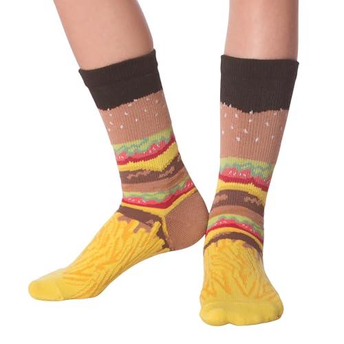 K. Bell Unisex Child Fun Conversation Starter Crew - 1 Pairs Cool Novelty Gifts Casual Sock, Burger And Fries (Black), Medium US 5