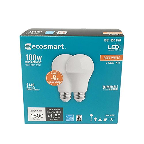 EcoSmart 100W Soft White 2700K A19 Dimmable LED Light Bulbs 1600 Lumens each (2-Pack) 2