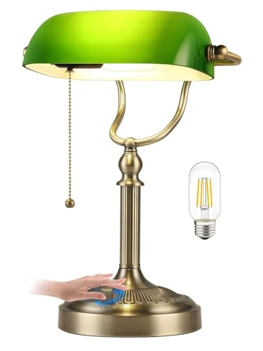 Newrays Green Glass Bankers Desk Lamp, Stepless Dimmable Table Lamp Plug in Fixture for Study, Office, LED Bulb Included 1