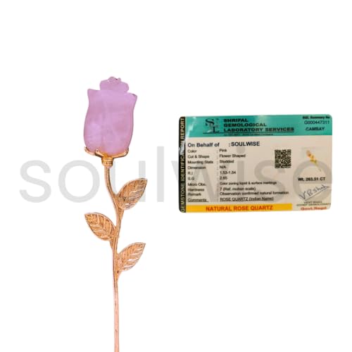 Soulwise Natural Rose Quartz Crystal Rose with Gold-Toned Stem, Certified Gemstone, Unconditional Love, Healing Crystal Gift Decror, Heart Chakra Emotinal Peace and Happiness. 2
