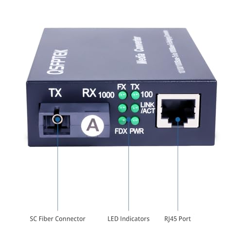 QSFPTEK A Pair 1.25G/s Bidi Fiber Media Converter, Gigabit Media Converter, 10/100/1000Base-Tx to 1000Base-FX Fiber Ethernet Coverter, Singlemode SC Bidi Transceiver TX1310nm/TX1550nm, 10Km 6