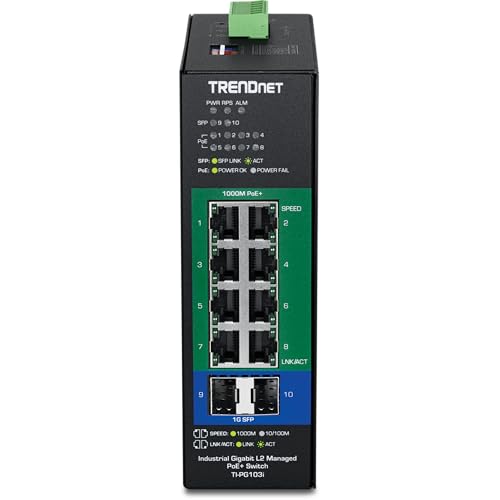 TRENDnet 10-Port Industrial Gigabit L2 Managed PoE+ DINRail Switch 24 – 57V, TI-PG103i, 8 x Gigabit PoE+ Ports, 2 x SFP Ports, 20Gbps, IP40, Ethernet Splitter, NDAA & TAA Compliant 3