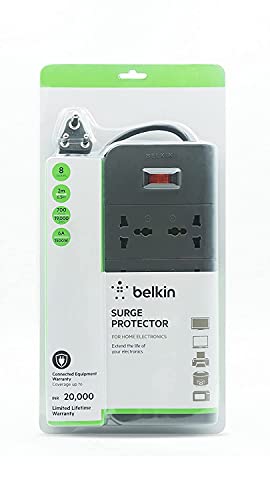 Belkin 8-Socket Surge Protector Universal Socket with 6.5ft (2-Meter) Heavy Duty Cable Overload Protection, Extension Cord Comes with 5 Years Manufacturer Warranty, Grey Color 2