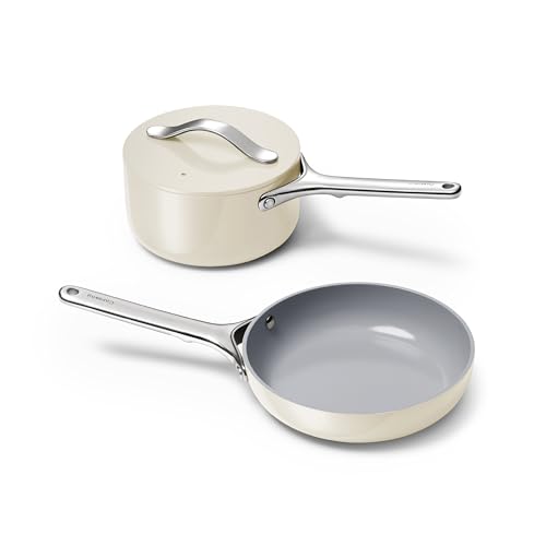 Caraway Mini Cookware Set - Non-Stick Ceramic Fry Pan (1.05 qt, 8") Sauce Pan (1.75 qt) & Storage Rack - Non Toxic, PTFE & PFOA Free - Oven Safe & Stovetop Agnostic (Gas, Electric & Induction) - Cream 1