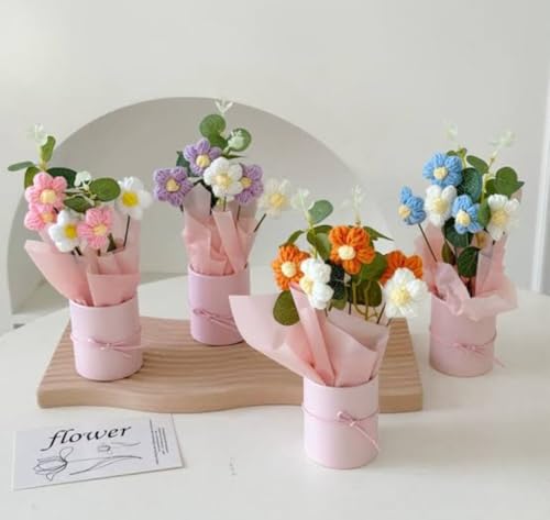 VRB Dec Artificial Crochet Flower Bouquet, Artificial Flowers Bunch, Gift for Girls, Home Decor, Gifting, etc, Pink Daisy Bouquet, 1 pcs 2