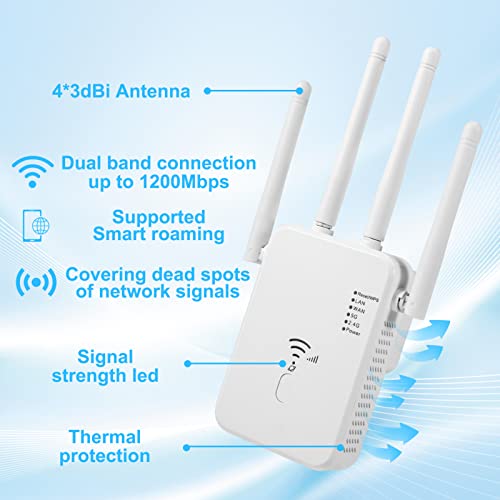 WiFi Extender WiFi Booster/WiFi Range Extender 1200Mbps Dual Band 5.8G 2.4G Internet Booster WiFi 180°Rotatable Antennas WiFi Signal Booster Extender WiFi Repeater Covers up to 8000sq.ft & 35+Devices 2