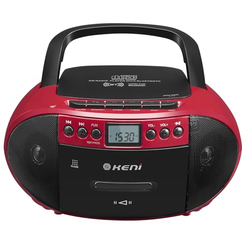 G Keni Portable CD and Cassette Player Boombox Combo, Casette Tape Recorder with Remote, AM FM Radio, USB Playback with Earphone Jack, 5.1V Bluetooth Speaker, Battery Operated/AC Powered for Home(Red) 1