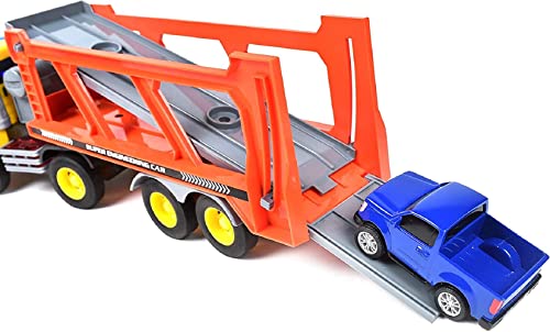 Sunny Days Entertainment Maxx Action 17’’ Vehicle Transport with 4 Diecast Trucks – Bright Lights and Car Sounds | Friction Powered Trailer | 6 Piece Toy Playset for Kids 6