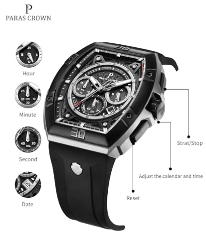 Paras Crown Watches for Men Tonneau 5ATM Waterproof Quartz Luxury Chronograph Analog Men's Wrist Watches Stainless Steel Case Mens Watches 3
