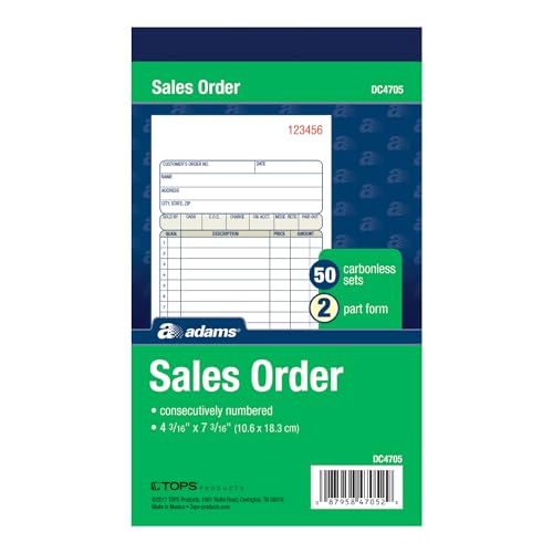 Adams Sales Order Book, 2-Part, Carbonless, White/Canary, 4-3/16 x 7-3/16 Inches, 50 Sets per Book (DC4705) 1