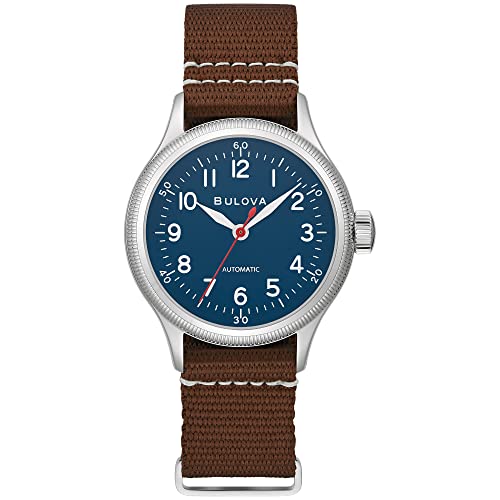 Bulova Men's Military A11 Stainless Steel 3-Hand Hack Automatic Watch, Brown Leather Strap and Blue Dial Style: 96A282 1