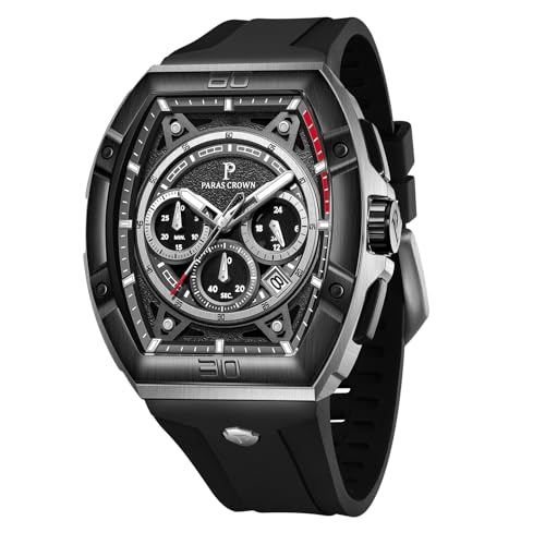 Paras Crown Watches for Men Tonneau 5ATM Waterproof Quartz Luxury Chronograph Analog Men's Wrist Watches Stainless Steel Case Mens Watches 1