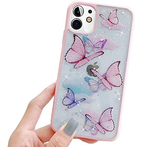 hzcwxqh Compatible with iPhone 12 Case, Compatible with iPhone 12 Pro Case, Cute Bling Glitter Clear Iridescent Butterfly for Women Slim Thin Soft Silicone [ Stars Shockproof Drop Protection]