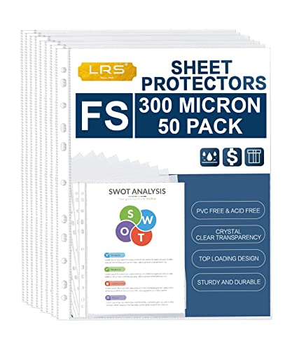 LRS Sheet Protectors - FS/Legal Size - 300 Micron Thick - 11 Holes to fit in Any File - Pack of 50 1