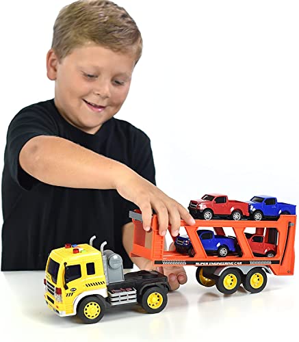 Sunny Days Entertainment Maxx Action 17’’ Vehicle Transport with 4 Diecast Trucks – Bright Lights and Car Sounds | Friction Powered Trailer | 6 Piece Toy Playset for Kids 5
