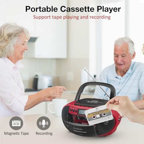 G Keni Portable CD and Cassette Player Boombox Combo, Casette Tape Recorder with Remote, AM FM Radio, USB Playback with Earphone Jack, 5.1V Bluetooth Speaker, Battery Operated/AC Powered for Home(Red) 4