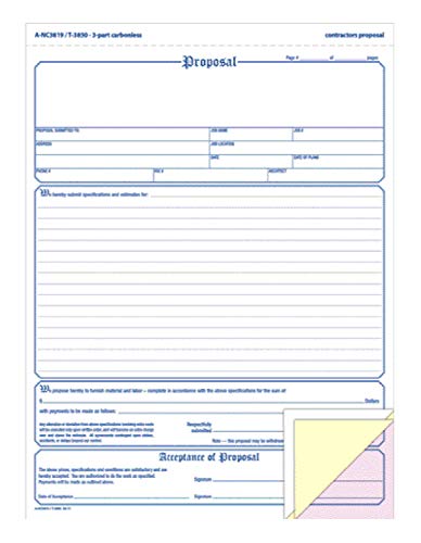 Adams Contractor's Proposal Forms, 8.5 x 11.44 Inch, 3-Part, Carbonless, 50-Pack, White, Canary and Pink (NC3819) 3