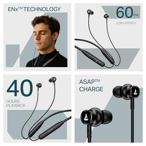 boAt Rockerz 113 (2025 Launch), 40 Hrs Playback, Dual Pair, Fast Charge, Enx Tech, Low Latency, Magnetic Buds, Bluetooth Neckband, Wireless with Mic in Ear Earphones(Active Black) 2