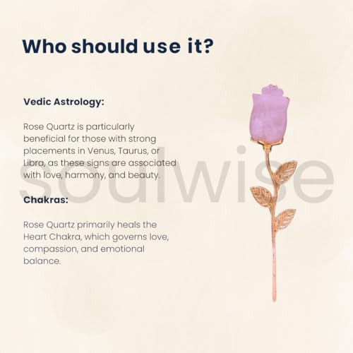 Soulwise Natural Rose Quartz Crystal Rose with Gold-Toned Stem, Certified Gemstone, Unconditional Love, Healing Crystal Gift Decror, Heart Chakra Emotinal Peace and Happiness. 4