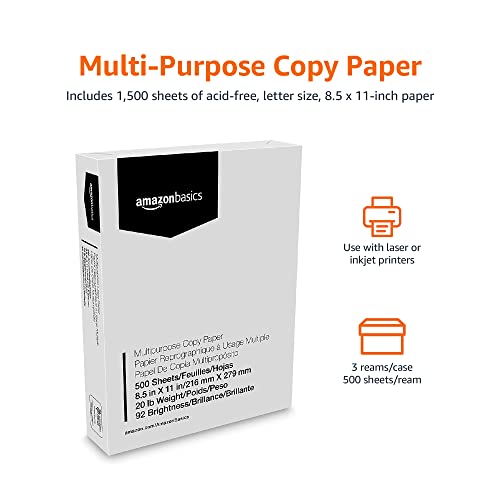 Amazon Basics Multipurpose Copy Printer Paper, 20 lb, 92 Bright, 8.5" x 11", White, 3 Reams, 1500 Sheets 2