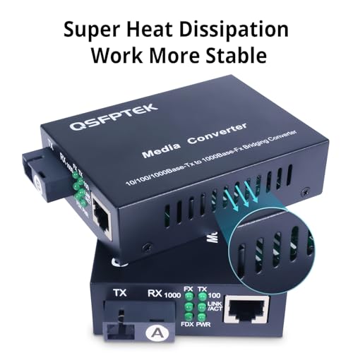 QSFPTEK A Pair 1.25G/s Bidi Fiber Media Converter, Gigabit Media Converter, 10/100/1000Base-Tx to 1000Base-FX Fiber Ethernet Coverter, Singlemode SC Bidi Transceiver TX1310nm/TX1550nm, 10Km 2