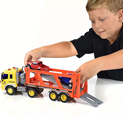 Sunny Days Entertainment Maxx Action 17’’ Vehicle Transport with 4 Diecast Trucks – Bright Lights and Car Sounds | Friction Powered Trailer | 6 Piece Toy Playset for Kids 3