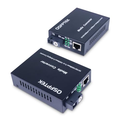QSFPTEK A Pair 1.25G/s Bidi Fiber Media Converter, Gigabit Media Converter, 10/100/1000Base-Tx to 1000Base-FX Fiber Ethernet Coverter, Singlemode SC Bidi Transceiver TX1310nm/TX1550nm, 10Km 1