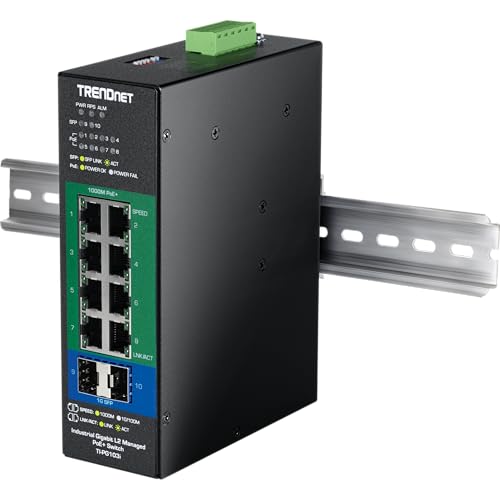 TRENDnet 10-Port Industrial Gigabit L2 Managed PoE+ DINRail Switch 24 – 57V, TI-PG103i, 8 x Gigabit PoE+ Ports, 2 x SFP Ports, 20Gbps, IP40, Ethernet Splitter, NDAA & TAA Compliant 4