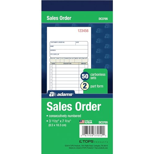Adams Sales Order Book, 2-Part, Carbonless, White/Canary, 3-11/32 x 7-3/16 Inches, 50 Sets per Book (DC3705) 2