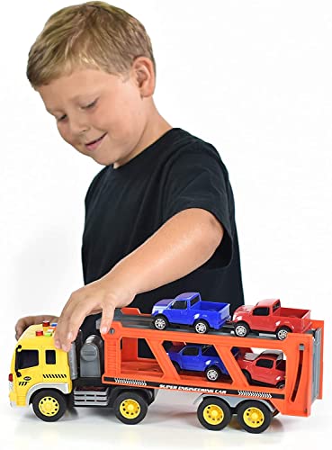 Sunny Days Entertainment Maxx Action 17’’ Vehicle Transport with 4 Diecast Trucks – Bright Lights and Car Sounds | Friction Powered Trailer | 6 Piece Toy Playset for Kids 4