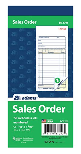 Adams Sales Order Book, 2-Part, Carbonless, White/Canary, 3-11/32 x 7-3/16 Inches, 50 Sets per Book (DC3705) 1